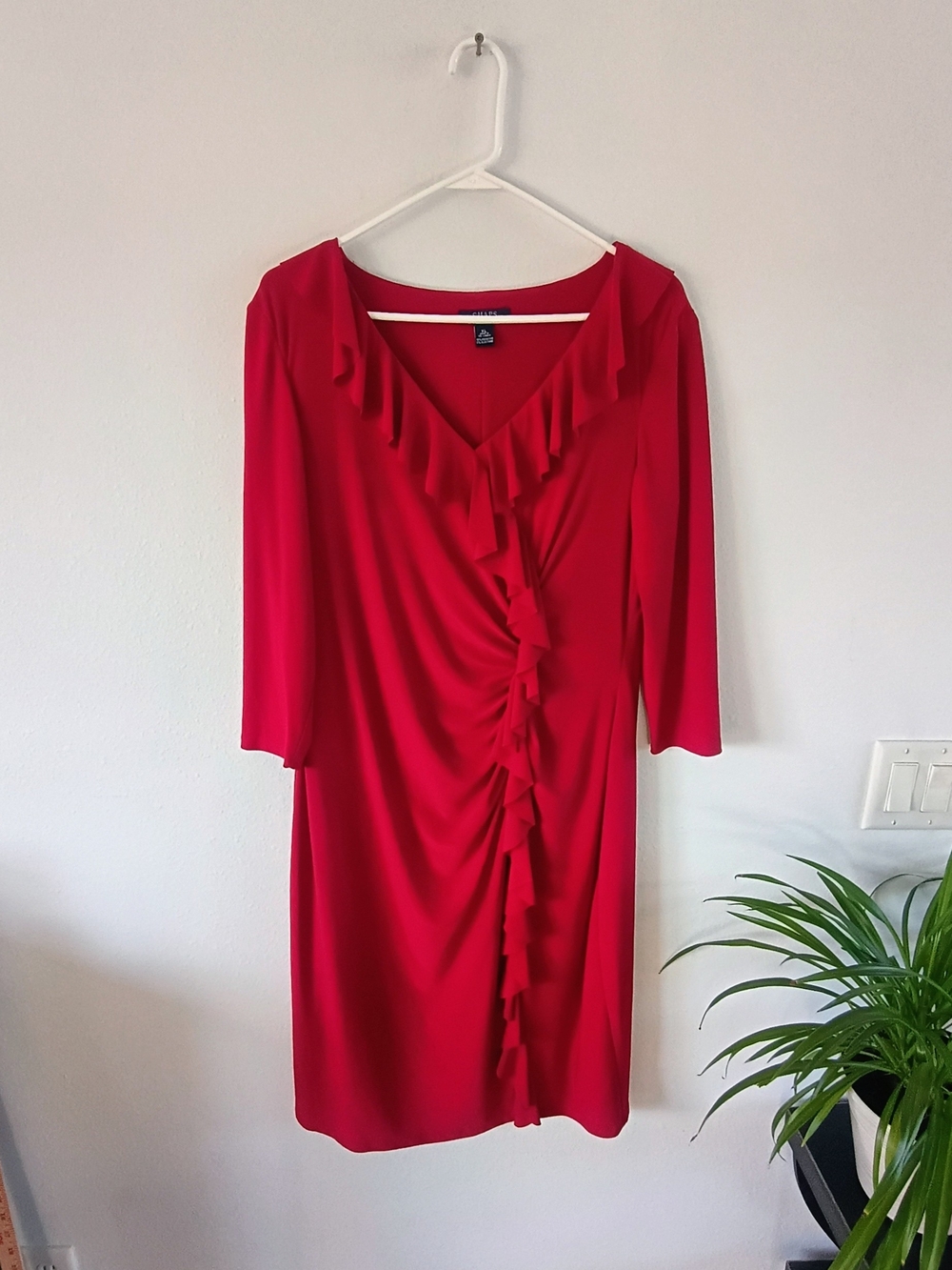 Chaps Red Ruffle Dress XL Ruched V Neck Stretch Cocktail Wedding Party Holiday